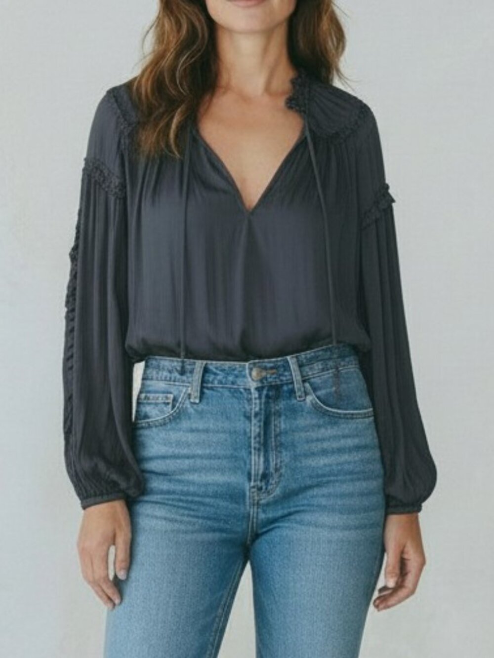 Ulla Johnson Blouse 6 Blue Pleated Ruffle Satin Peasant VNeck Top Maeve Midnight